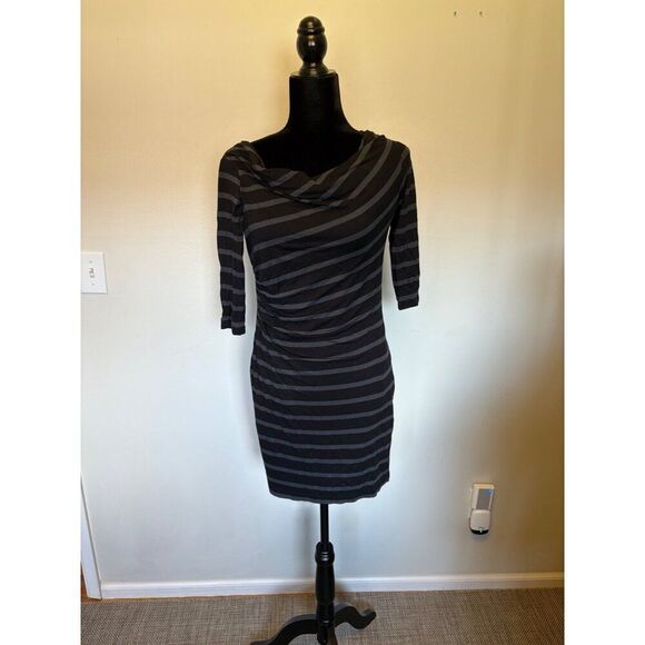 Ann Taylor Loft Petite Striped Cowl Neck Dress Black/Gray 3/4 Sleeve Size: MP - Picture 1 of 5